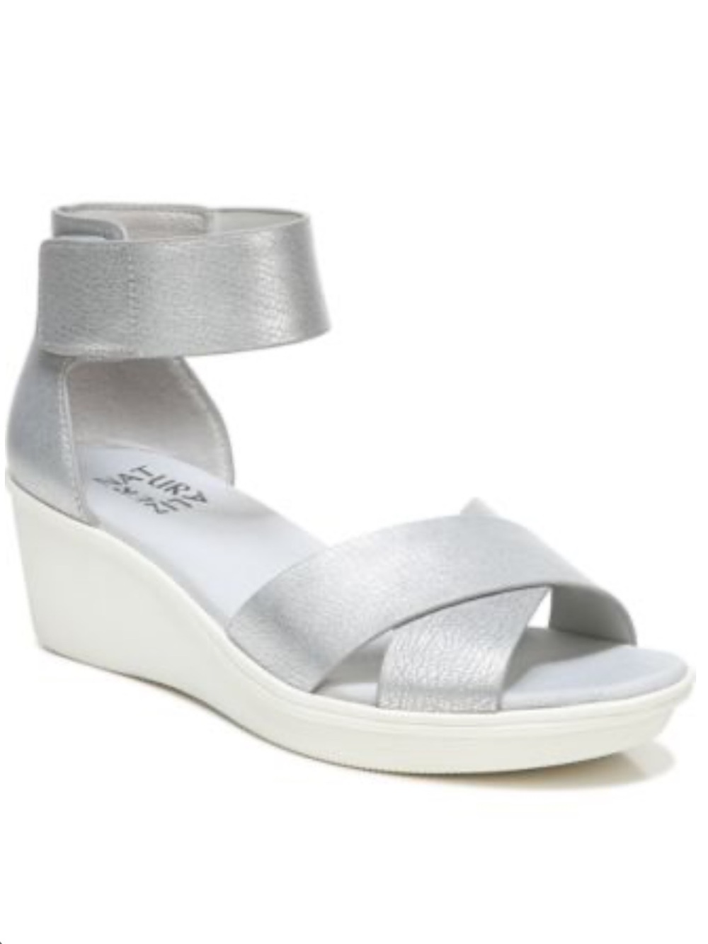 Naturalizer Riviera Silver Metallic Wedge Sandal with Ankle Cuff